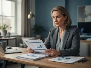 Mężczyzna w biurze analizujący dokumenty dotyczące najmu nieruchomości przed złożeniem zgłoszenia do urzędu skarbowego.